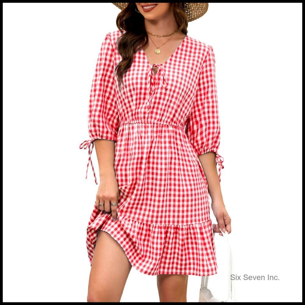 Tie Front V Neck Mini Dress Flowy A-Line Tiered Ruffle Boho Chic Summer